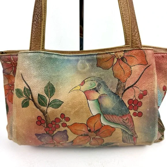 Anna By Anuschka Handbag Hand Painted Toucan Bird Floral Berries Boho - Picture 2 of 16